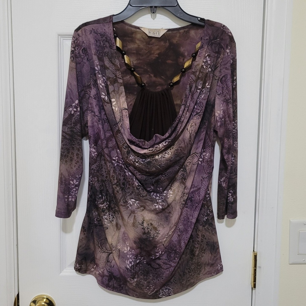 Keren Hart Purple Floral Snake Print Cowl Neck Beaded‎ Layered Top 3/4 Sleeve